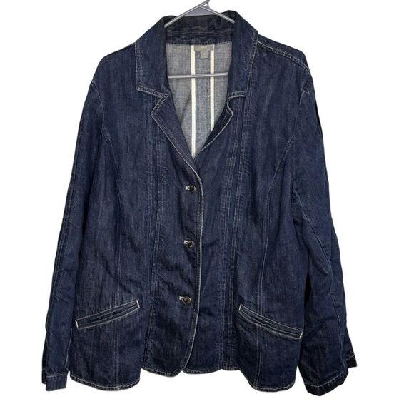 J. Jill Dark Wash Denim Blazer Jacket Size 19 Blue Cotton/Linen Blend Mock Pkts - Picture 1 of 7